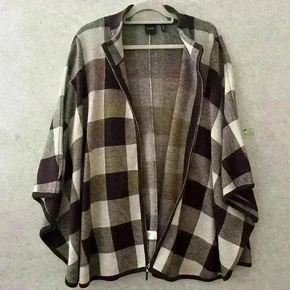 RAFAELLA 1X BROWN/TAN CHECKERED ZIPPERED COMFY FALL WINTER CAREER CAPE‎ - Picture 4 of 7